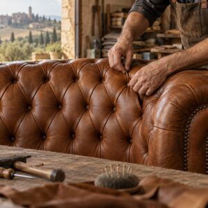 Artigiano al lavoro sul capitonné di un divano Chesterfield in pelle cognac