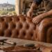Artigiano al lavoro sul capitonné di un divano Chesterfield in pelle cognac