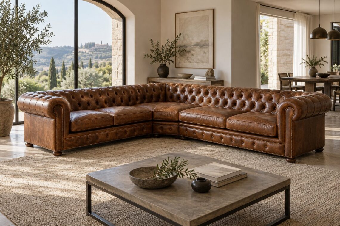 Divano Chesterfield angolare in pelle cognac in un soggiorno luminoso