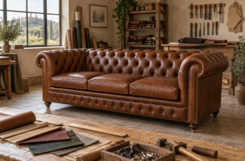 Divano Chesterfield su misura in pelle cognac in un laboratorio artigianale toscano