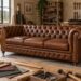 Divano Chesterfield su misura in pelle cognac in un laboratorio artigianale toscano