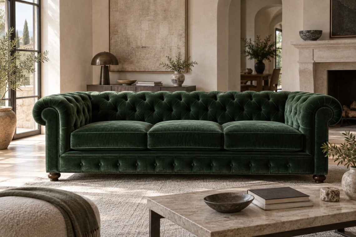 Divano Chesterfield in velluto verde in un soggiorno contemporaneo luminoso